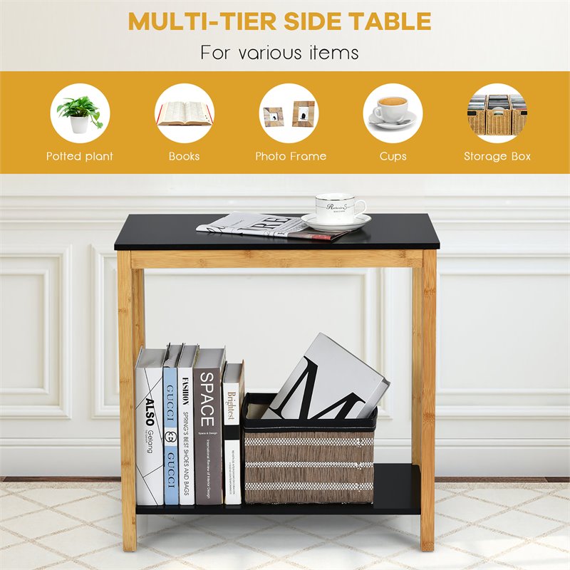 Costway 2-Tier Bamboo Side Sofa End Console Table with Storage Shelf in Natural