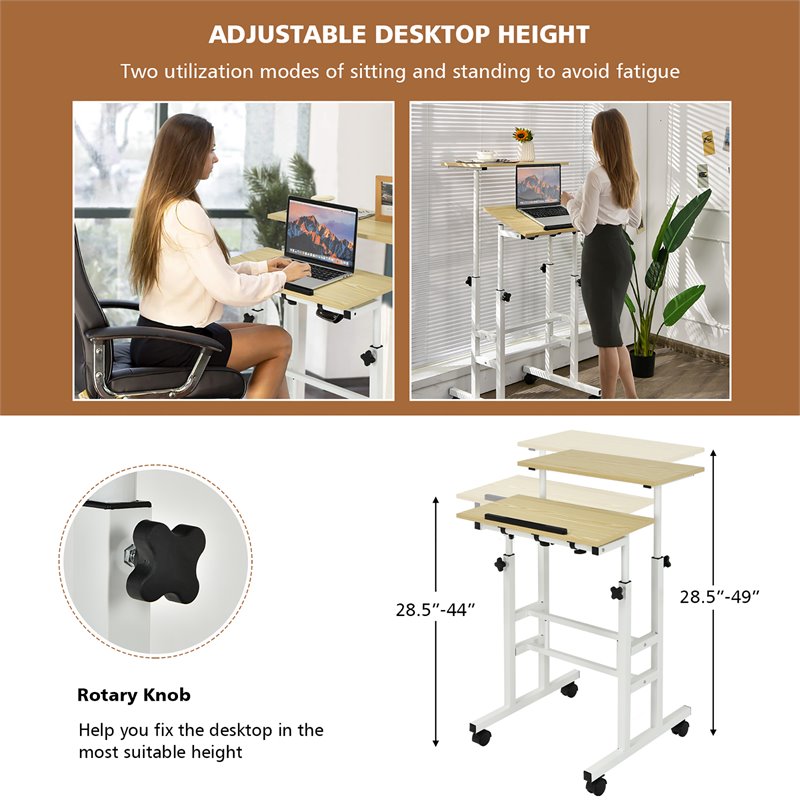Costway MDF and Steel Adjustable Rolling Mobile Standing Desk in Natural