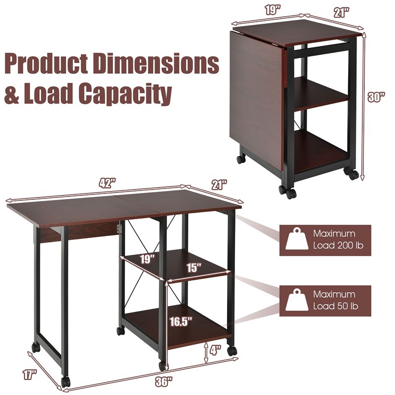 Costway Wood Rolling Folding Computer Desk with Storage Shelves in Brown