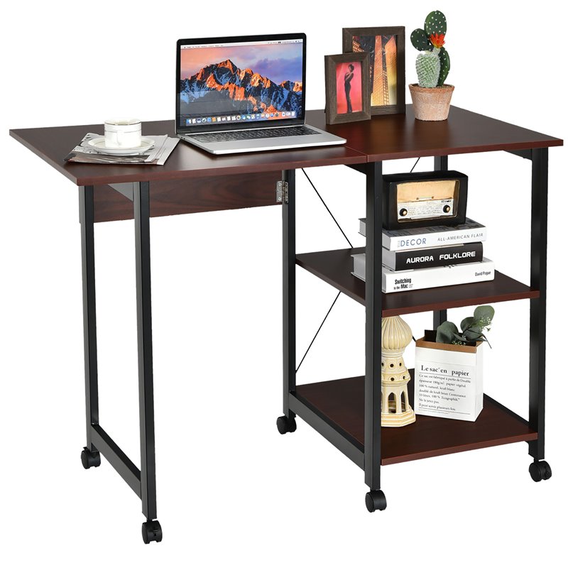 Costway Wood Rolling Folding Computer Desk with Storage Shelves in Brown