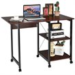 Costway Wood Rolling Folding Computer Desk with Storage Shelves in Brown