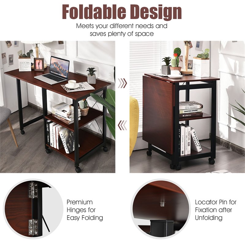 Costway Wood Rolling Folding Computer Desk with Storage Shelves in Brown