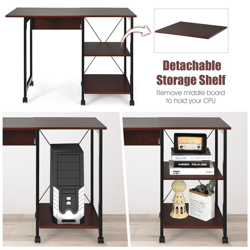 Costway Wood Rolling Folding Computer Desk with Storage Shelves in Brown