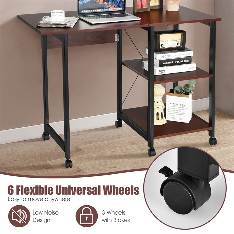 Costway Wood Rolling Folding Computer Desk with Storage Shelves in Brown