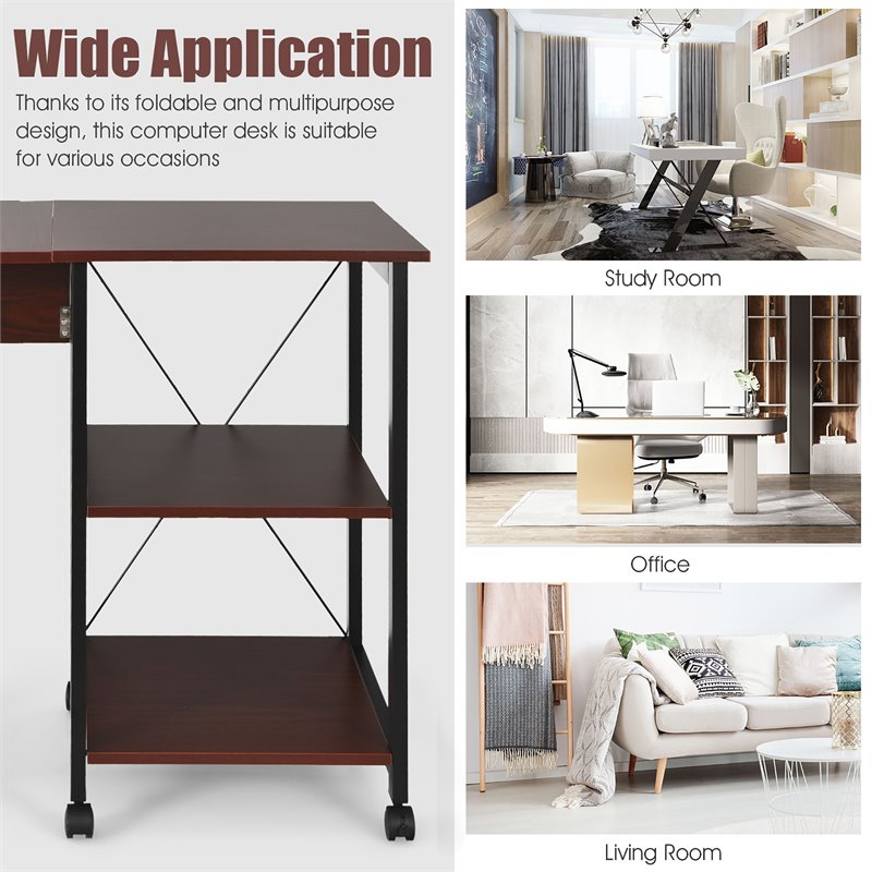 Costway Wood Rolling Folding Computer Desk with Storage Shelves in Brown