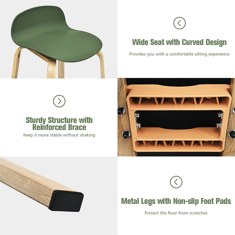 Costway PP and Iron Counter Height Bar Stools with Footrest in Green (Set of 2)