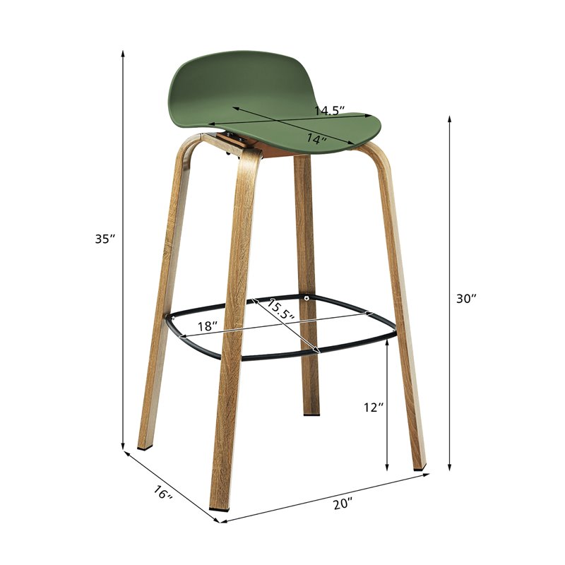 Costway PP and Iron Counter Height Bar Stools with Footrest in Green (Set of 2)