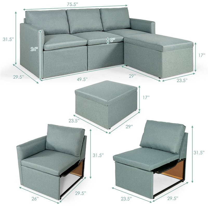 Costway Convertible Sectional Sofa L Shape Couch/Reversible Chaise in Green