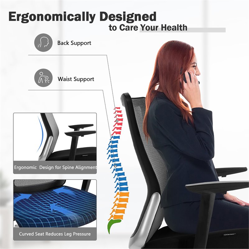 Costway PP and Sponge Ergonomic Mesh Office Chair with Armrest in Black