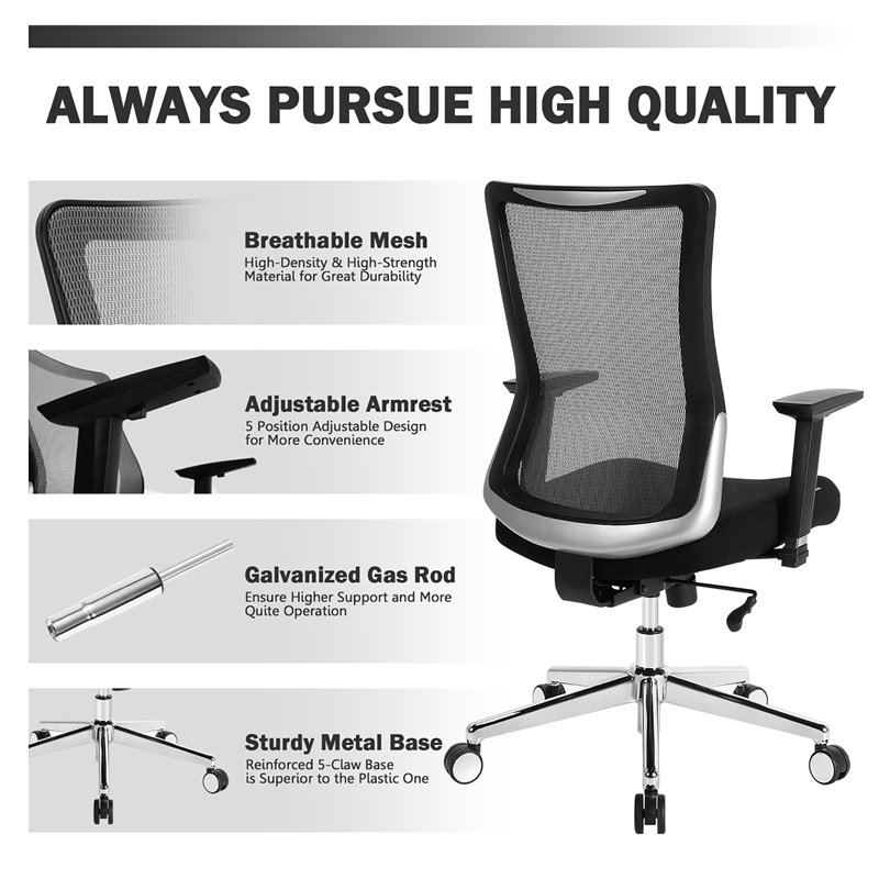 Costway PP and Sponge Ergonomic Mesh Office Chair with Armrest in Black