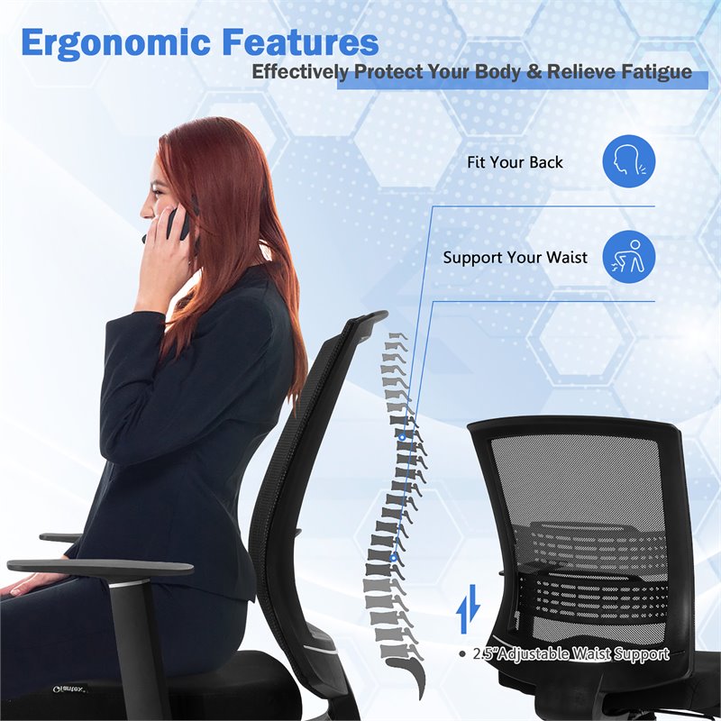 Costway Sponge Adjustable Mid Back Mesh Office Chair w/ Lumbar Support in Black