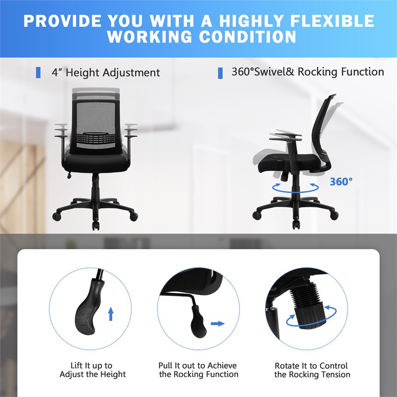 Costway Sponge Adjustable Mid Back Mesh Office Chair w/ Lumbar Support in Black