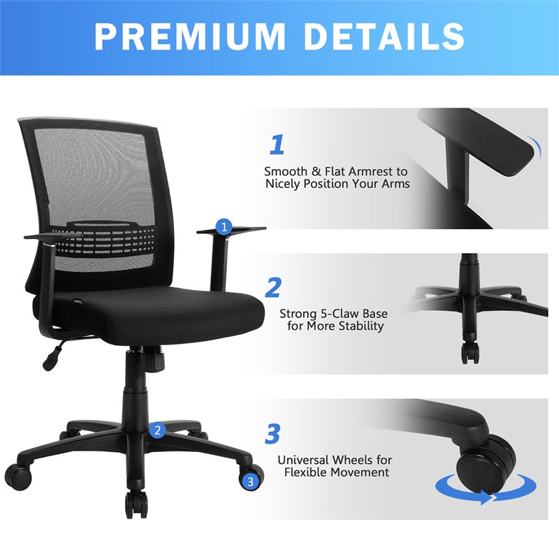 Costway Sponge Adjustable Mid Back Mesh Office Chair w/ Lumbar Support in Black