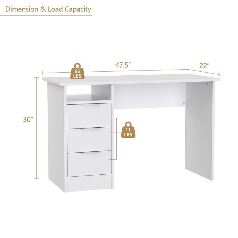 Costway 3-drawer Engineered Wood Computer Desk with Open Shelf in White