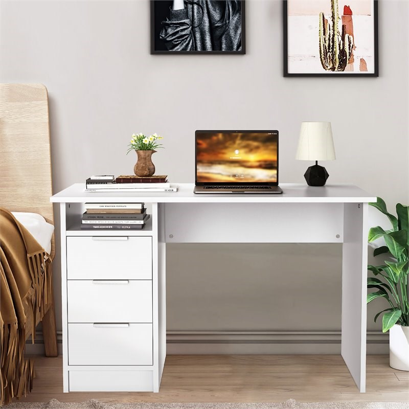 Costway 3-drawer Engineered Wood Computer Desk with Open Shelf in White
