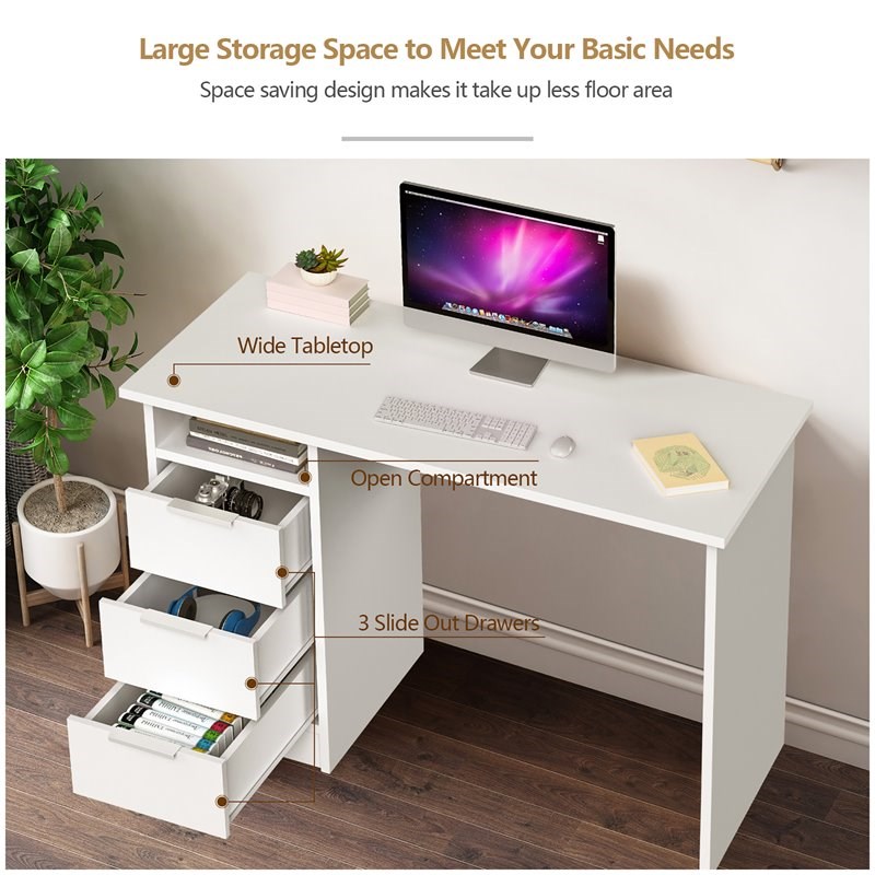 Costway 3-drawer Engineered Wood Computer Desk with Open Shelf in White