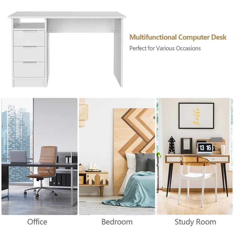 Costway 3-drawer Engineered Wood Computer Desk with Open Shelf in White