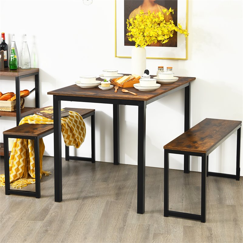 Costway 3-piece MDF Board and Iron Dining Table Set with 2 Benches in Coffee