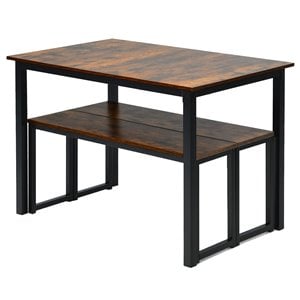 Costway 3-piece MDF Board and Iron Dining Table Set with 2 Benches in Coffee