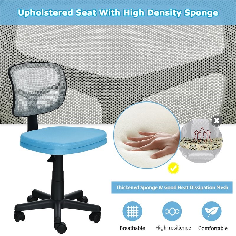Costway Sponge and Plastic Adjustable Swivel Armless Office Chair in Blue