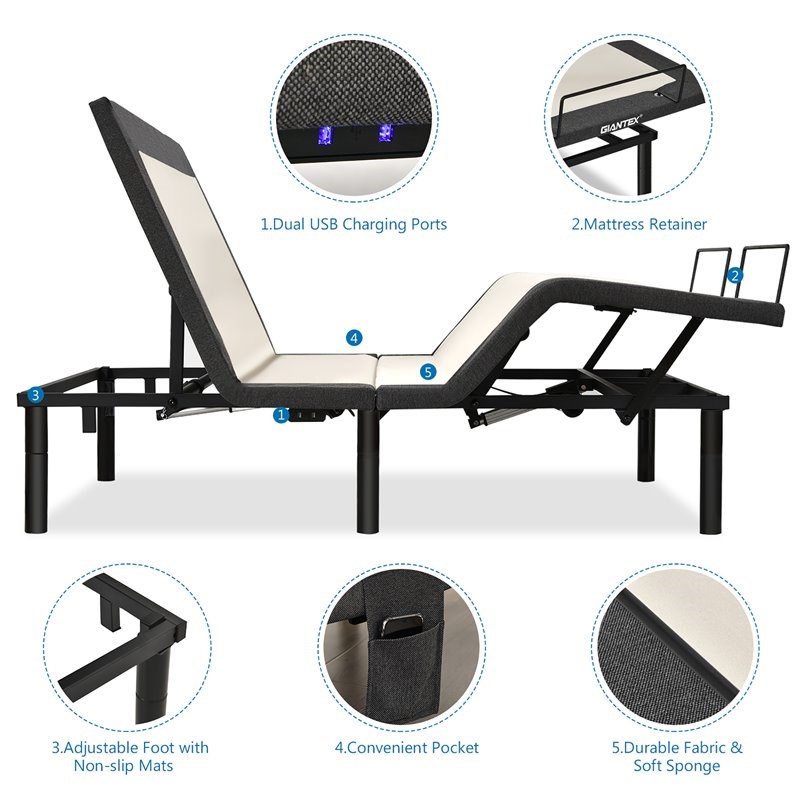 Costway Cotton Adjustable Twin XL Size Bed Base with Massage Modes in Black