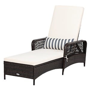 Costway Adjustable PE Rattan Chaise Lounge Armrest Recliner in Off White Brown