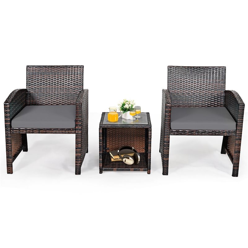 Costway 3-piece Patio Rattan/Wicker Sofas and Coffee Table in Gray Cushion