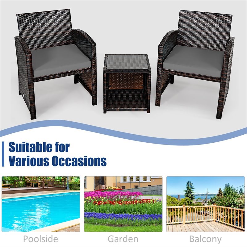 Costway 3-piece Patio Rattan/Wicker Sofas and Coffee Table in Gray Cushion