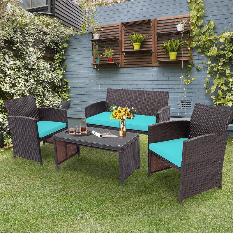 Costway 4-piece Contemporary Rattan Patio Furniture Set in Turquoise