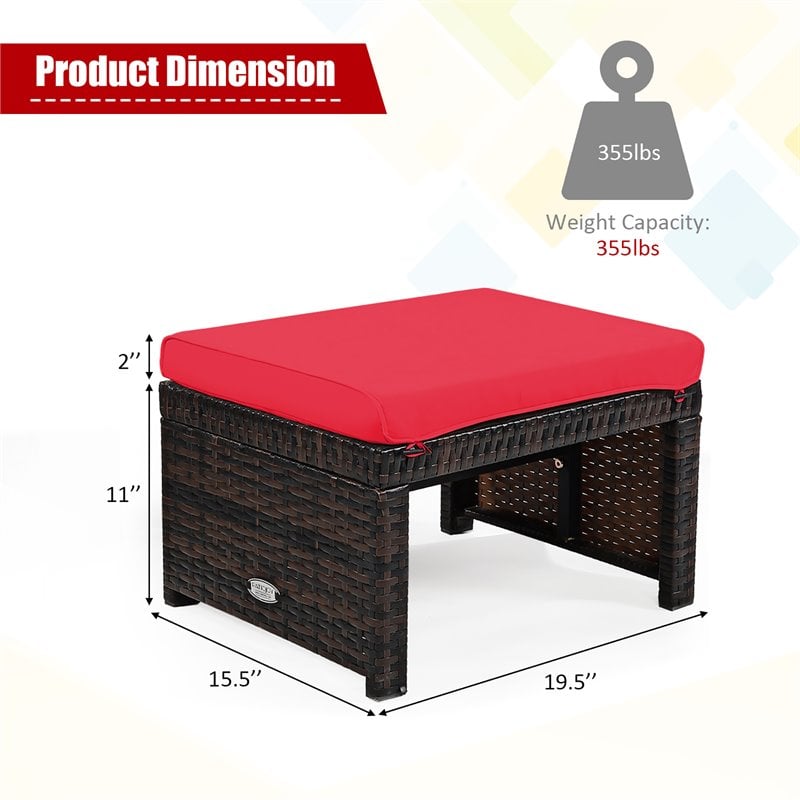 Costway Patio Rattan Ottomans/Footrests in Red Cushioned Seat (Set of 2)