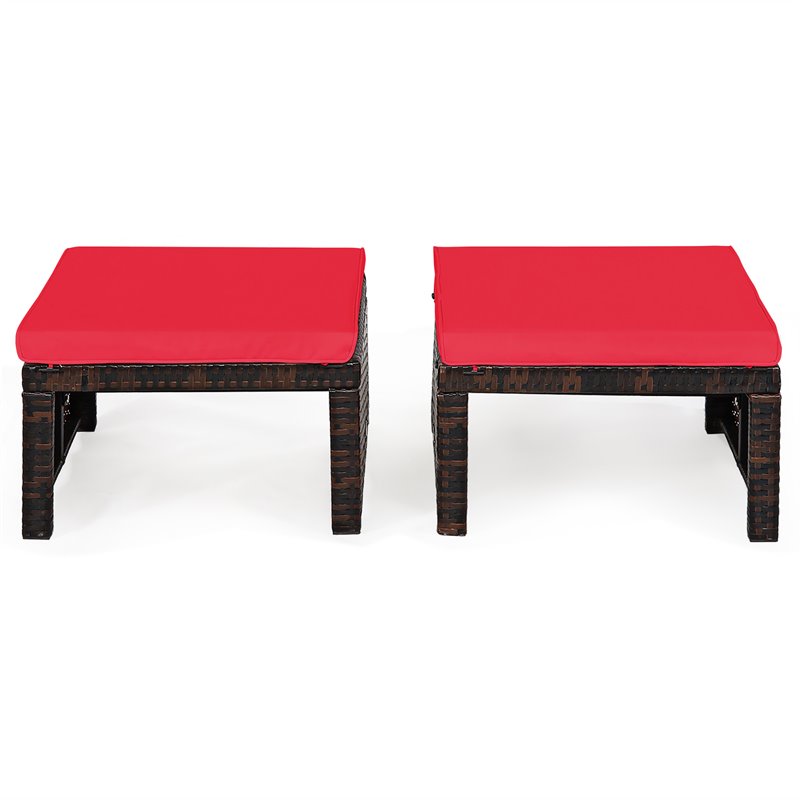 Costway Patio Rattan Ottomans/Footrests in Red Cushioned Seat (Set of 2)