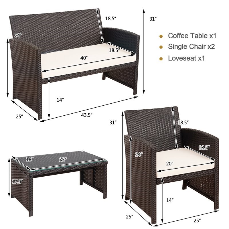 Costway 4-piece Contemporary Rattan Patio Furniture Set in White