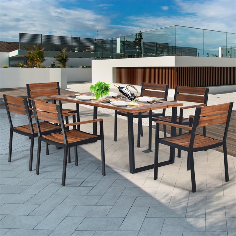 Costway 7-piece Acacia Wood Patio Dining Set with Umbrella Hole in Brown