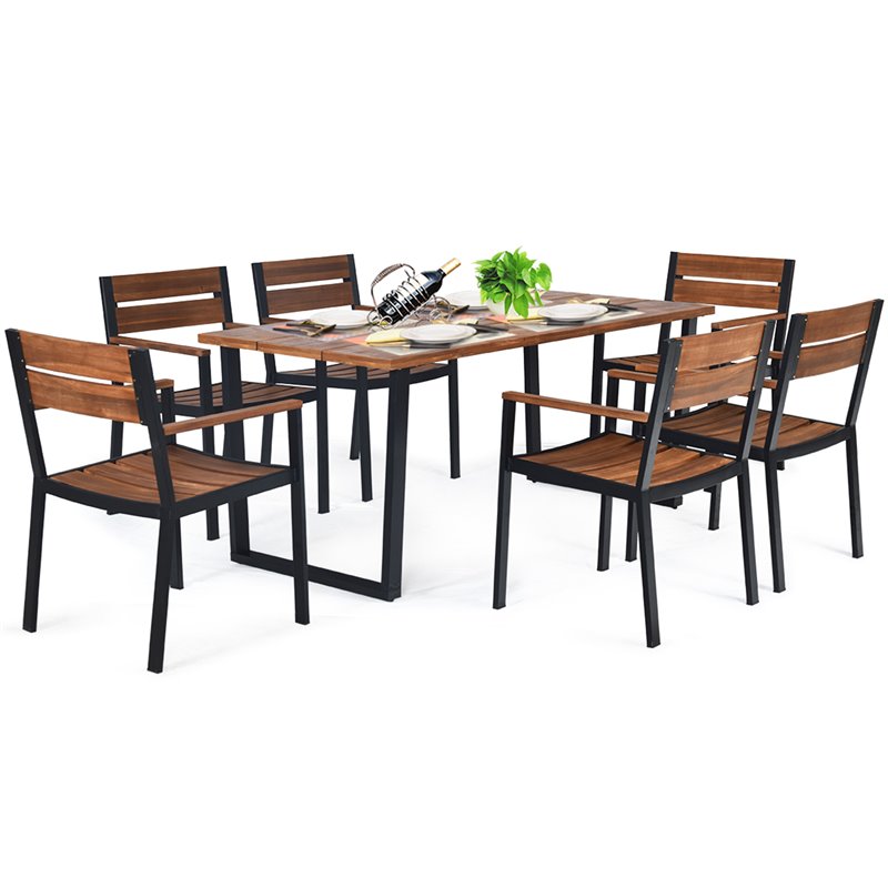 Costway 7-piece Acacia Wood Patio Dining Set with Umbrella Hole in Brown