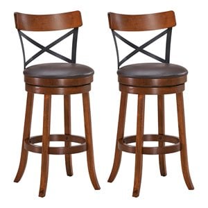 Costway 29.5&quot Metal Swivel Bar Stools with Rubber Wood Legs in Brown (Set of 2)