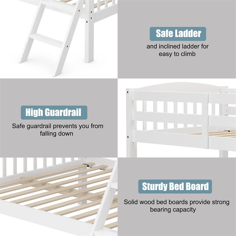 Costway Rubber Wood Twin over Full Bunk Bed with Ladder Guardrail in White