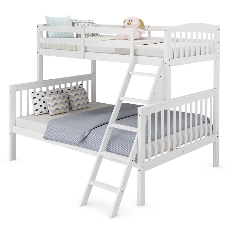 Costway Rubber Wood Twin over Full Bunk Bed with Ladder Guardrail in White