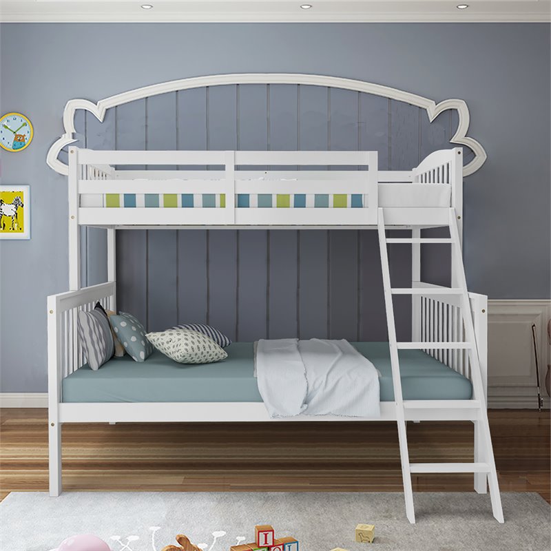 Costway Rubber Wood Twin over Full Bunk Bed with Ladder Guardrail in White