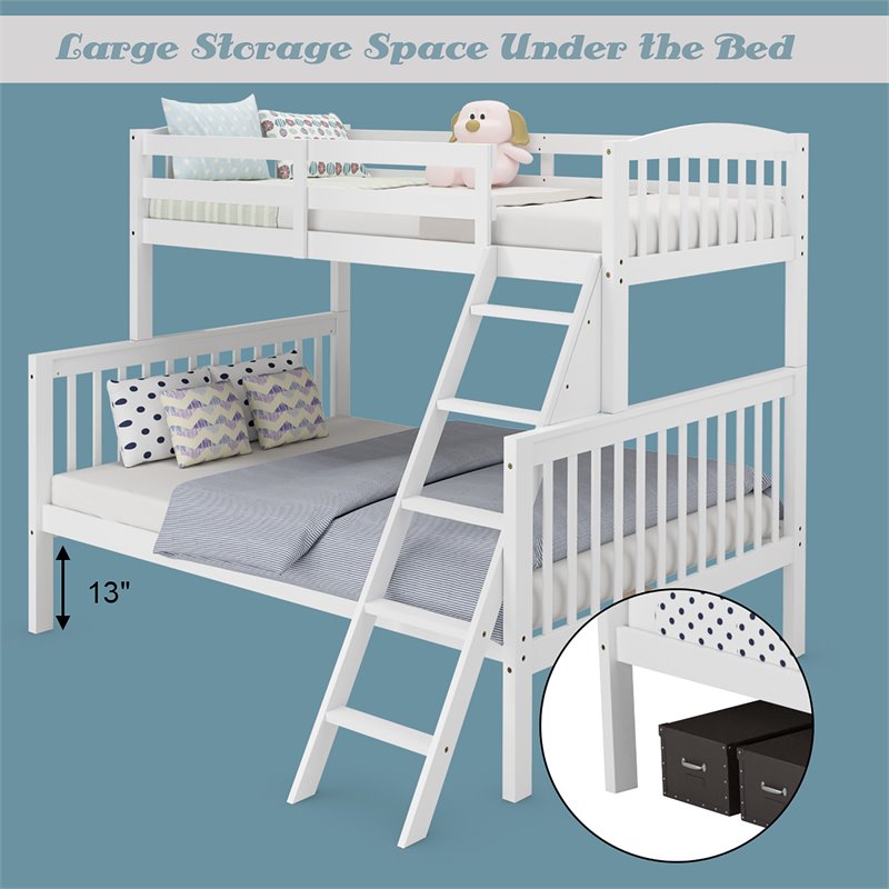 Costway Rubber Wood Twin over Full Bunk Bed with Ladder Guardrail in White