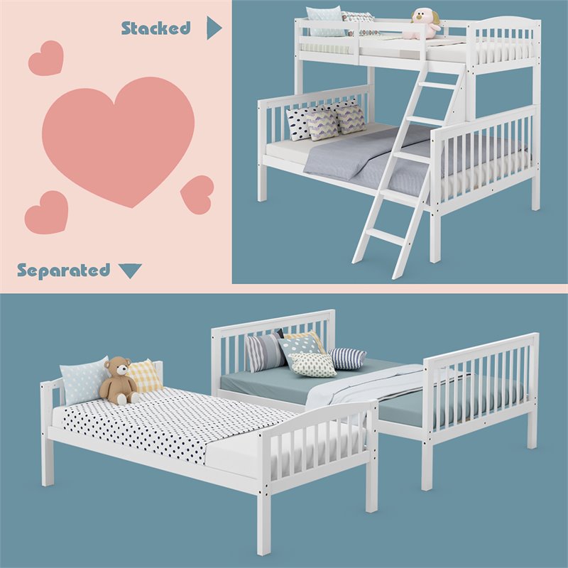 Costway Rubber Wood Twin over Full Bunk Bed with Ladder Guardrail in White