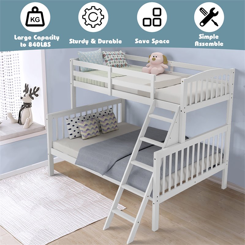 Costway Rubber Wood Twin over Full Bunk Bed with Ladder Guardrail in White