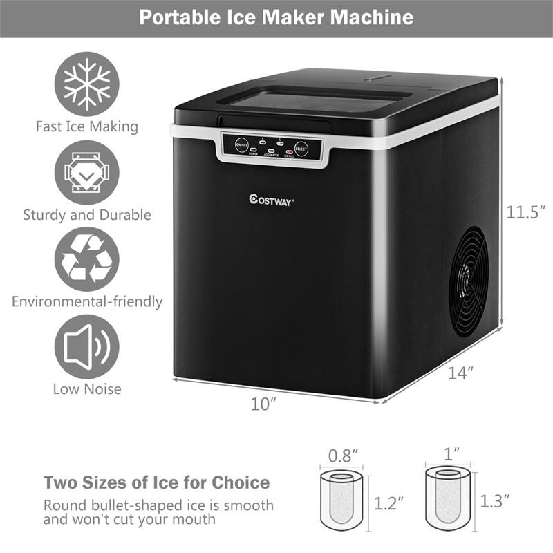Ice Maker Machine Countertop 26Lbs/24H Portable W/Scoop & Basket Black Plastic