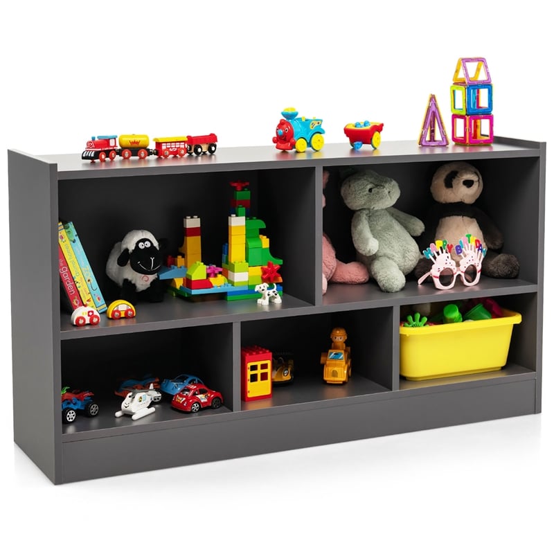 Costway Kids 2-Shelf Wood Bookcase 5-Cube Grey