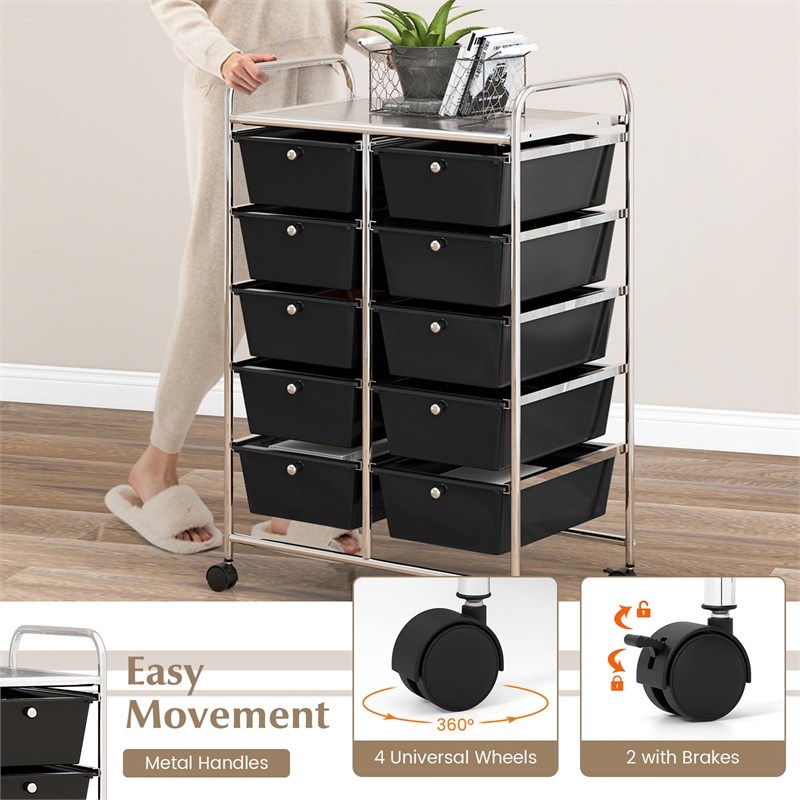 Costway 10-Drawer Storage Cart Utility Rolling Trolley Black