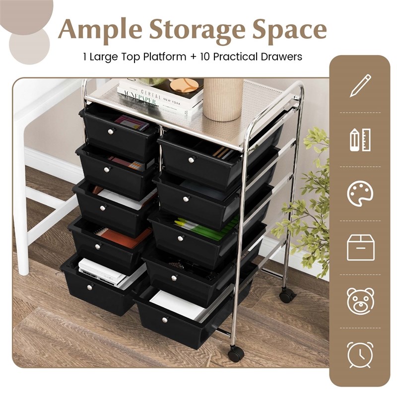 Costway 10-Drawer Storage Cart Utility Rolling Trolley Black