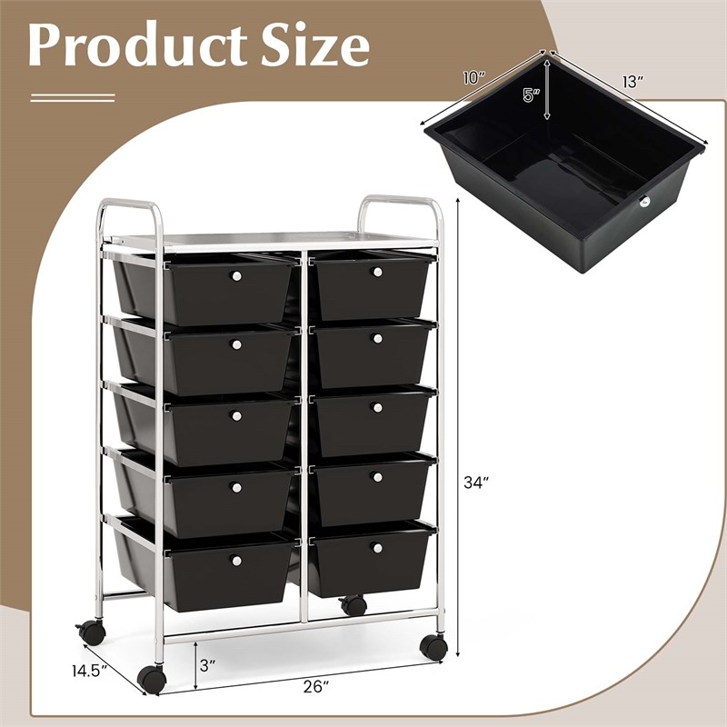 Costway 10-Drawer Storage Cart Utility Rolling Trolley Black