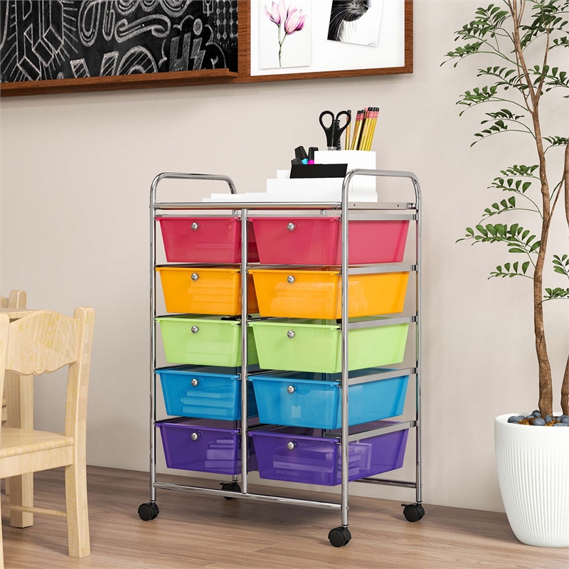 Costway 10-Drawer Plastic Storage Cart Utility Rolling Trolley Rainbow