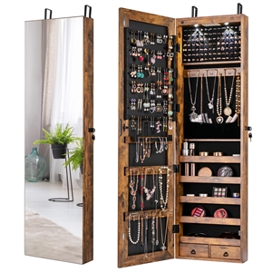 Costway Mirrored Jewelry Cabinet Jewelry Armoire w/2 LED Lights Rustic Brown