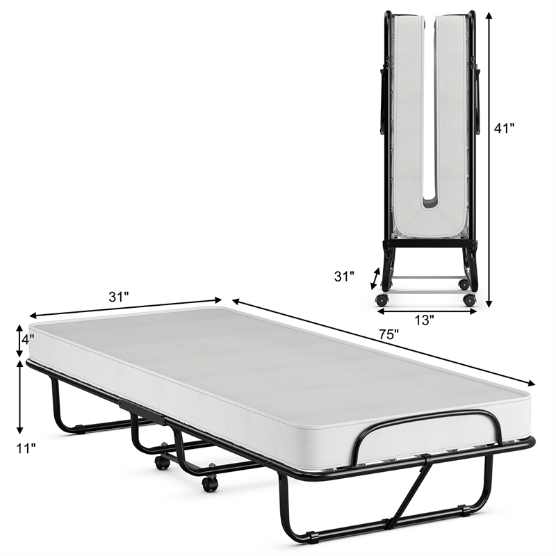 Costway Rollaway Folding Metal Bed Guest Bed Made in Italy White