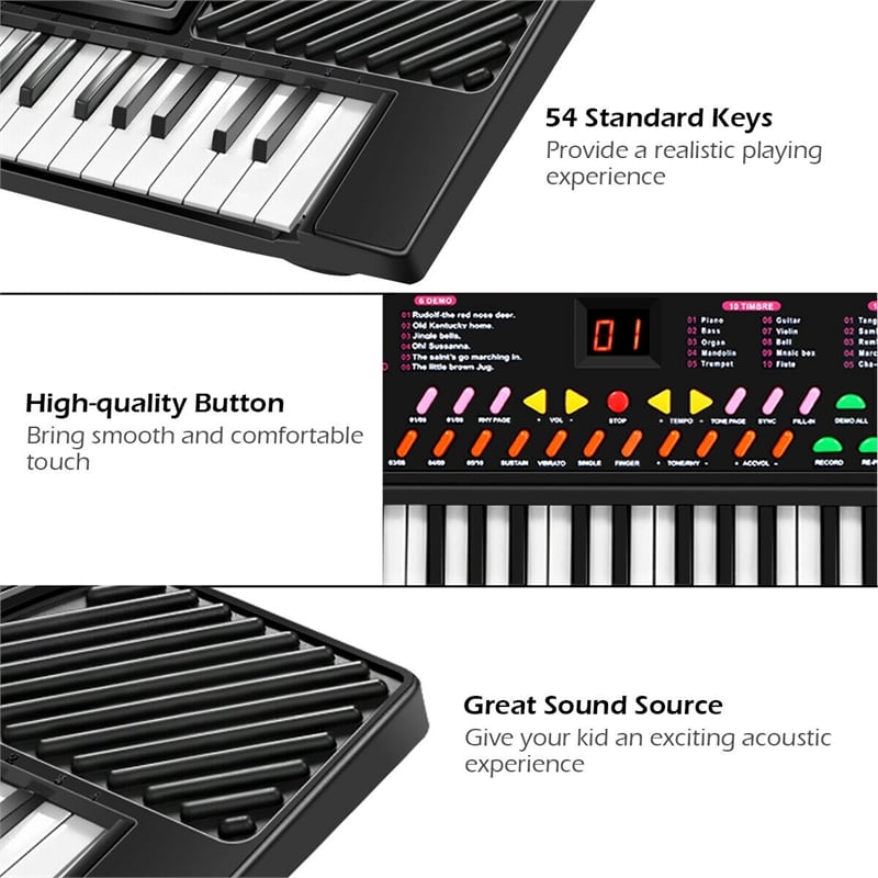 Music Electronic Keyboard Kid Electric Piano W/Mic & Adapter Black Plastic